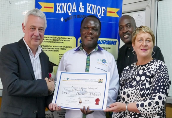 Left - Bruno Backes, Head of Vocational Training, Delegation of German Industry &amp; Commerce in Kenya (AHK). Centre - Dr Juma Mukhwana, Director General, Kenya National Qualification Authority (KNQA). Right - Maren Diale, Country Director, Delegation of German Industry &amp; Commerce in Kenya (AHK). Back right - Frank Mukuna, former Deputy Director of RAD KNQA
